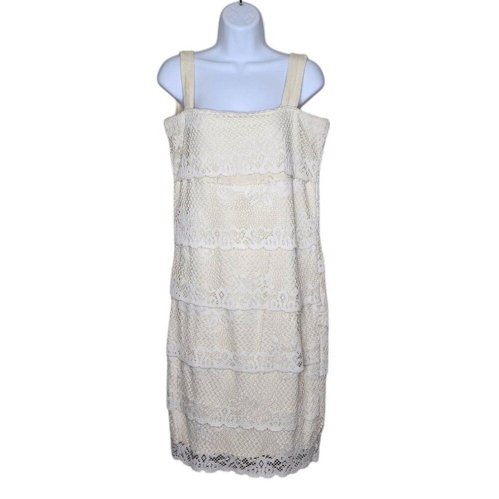 Vintage 60s GoGo Gauze Lace Tiered Shift Dress Womens M Ivory Off White